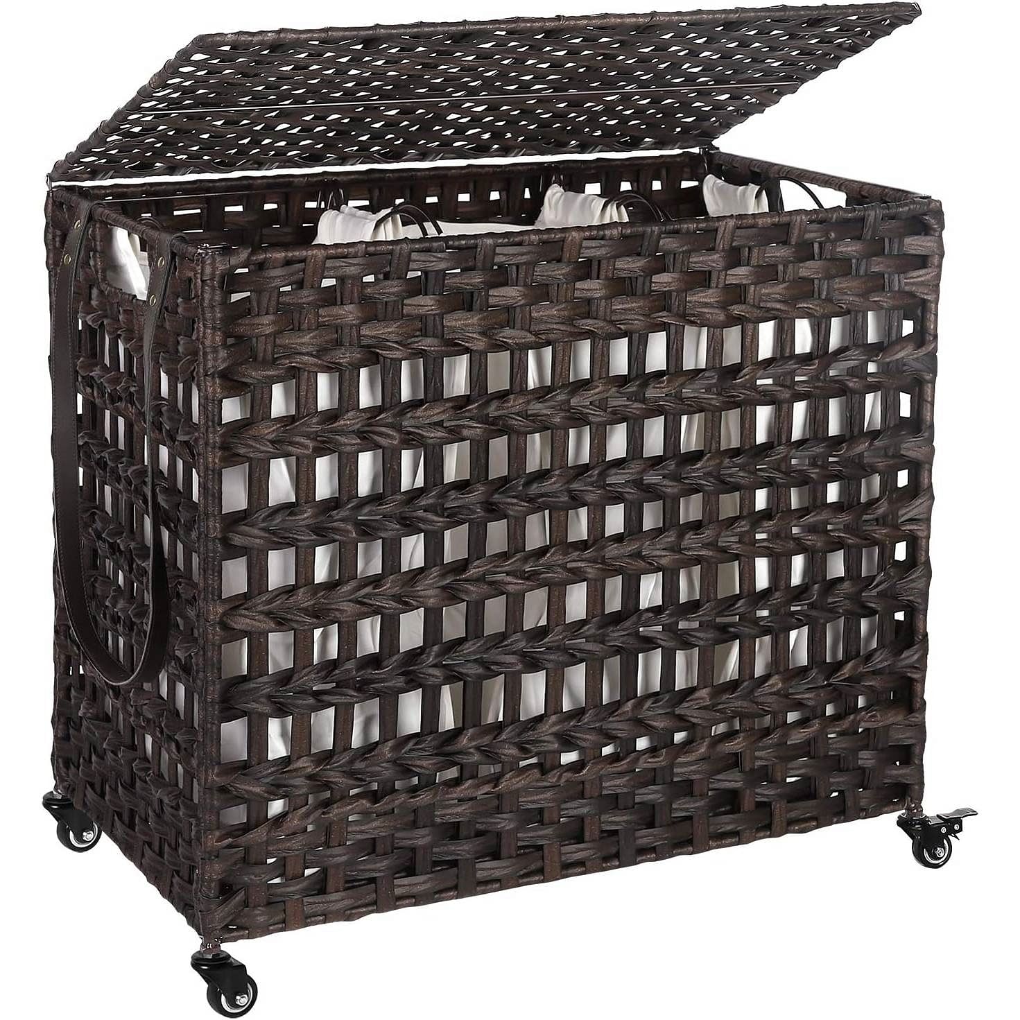 Brown PP Rattan 3-Basket Laundry Hamper Sorter Cart with Removable