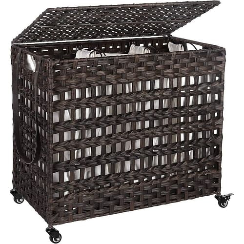 Brown PP Rattan 3-Basket Laundry Hamper Sorter Cart with Removable