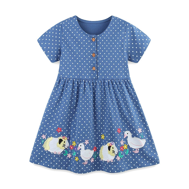 Summer Pure Cotton Dots and Animals Pattern Short Sleeves Dress for