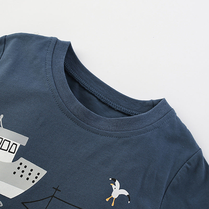 Summer Baby Kids Casual Ships Cartoon Pattern T-shirt and Striped