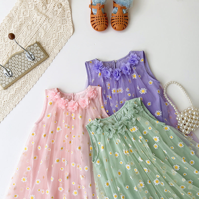 Summer Arrival Flowers Pattern Sleeveless Tulle Dress for Stylish