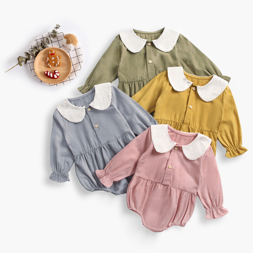 Baby Girl Doll Collar Design Solid Color Long Sleeve Onesies With