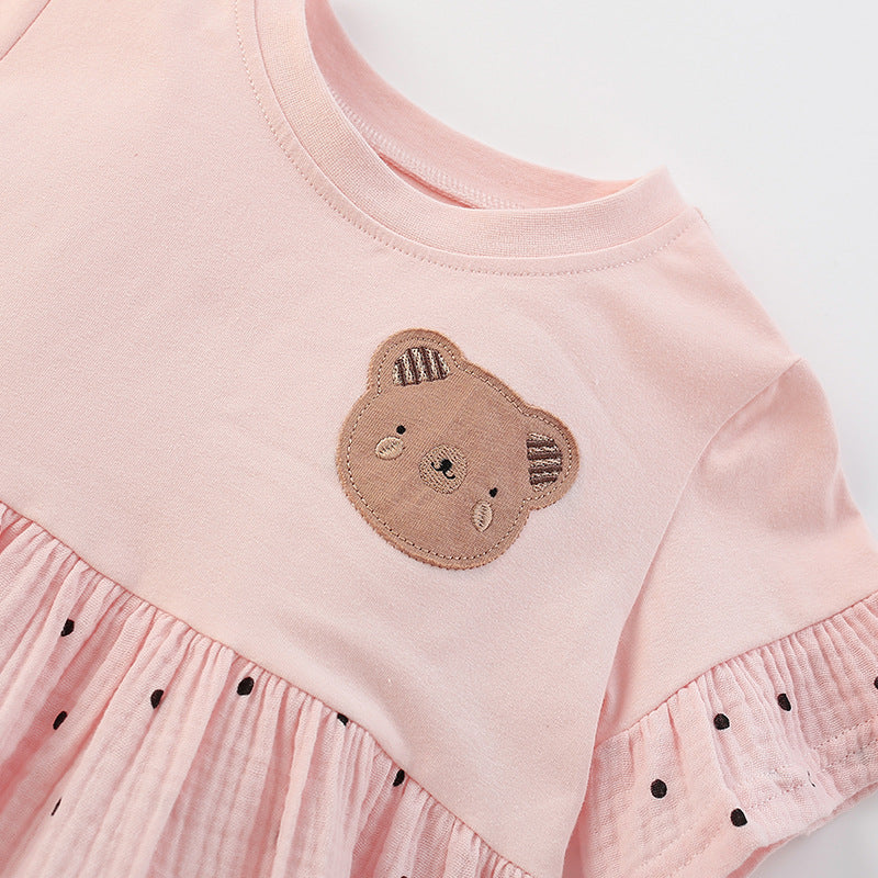 Summer Arrival Teddy Bear and Dots Pattern Short Sleeves Dress for