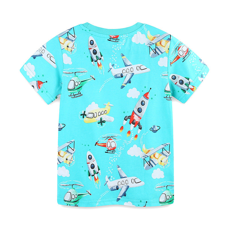 Summer Boys’ Rockets and Plane Cartoon Pattern T-shirt in European and