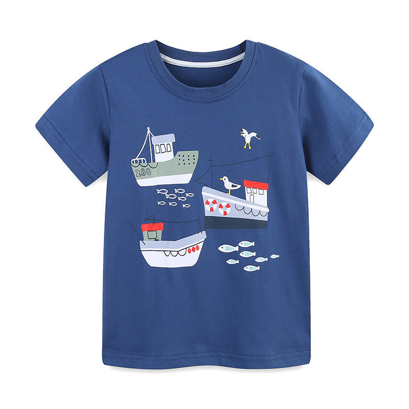 Summer Boys’ Ships Cartoon Pattern T-shirt in European and American
