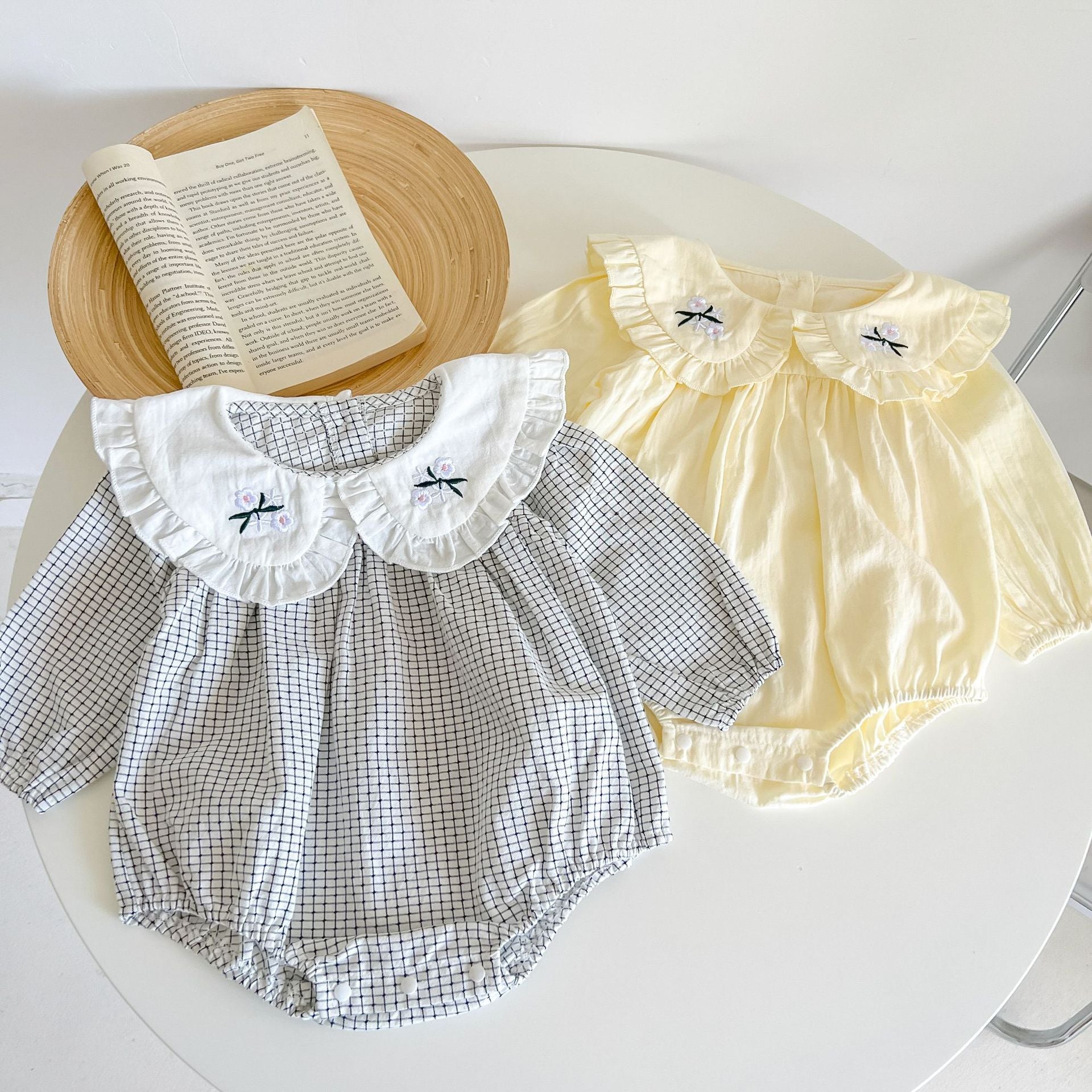 Baby Girl Plaid Graphic Floral Embroidered Doll Neck Cotton Bodysuit