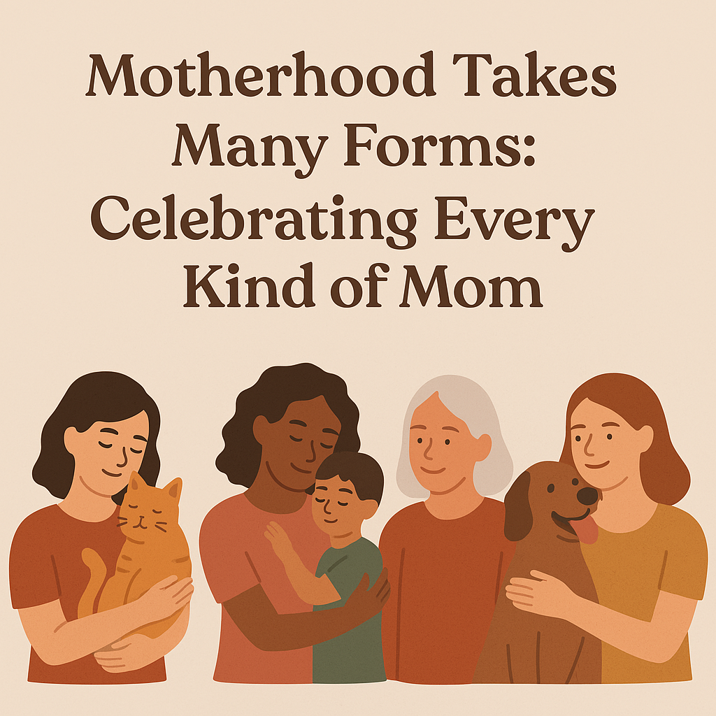 A diverse group of moms—including pet moms, caregivers, and parents—celebrating love in all forms.