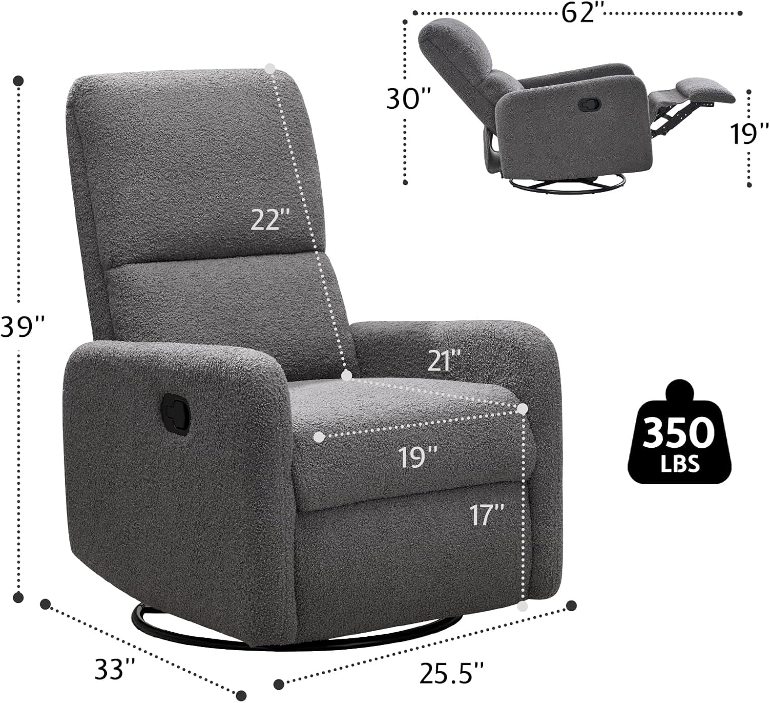 Swivel Rocking Chair, Nursery Glider Recliner Chairs for Adults,