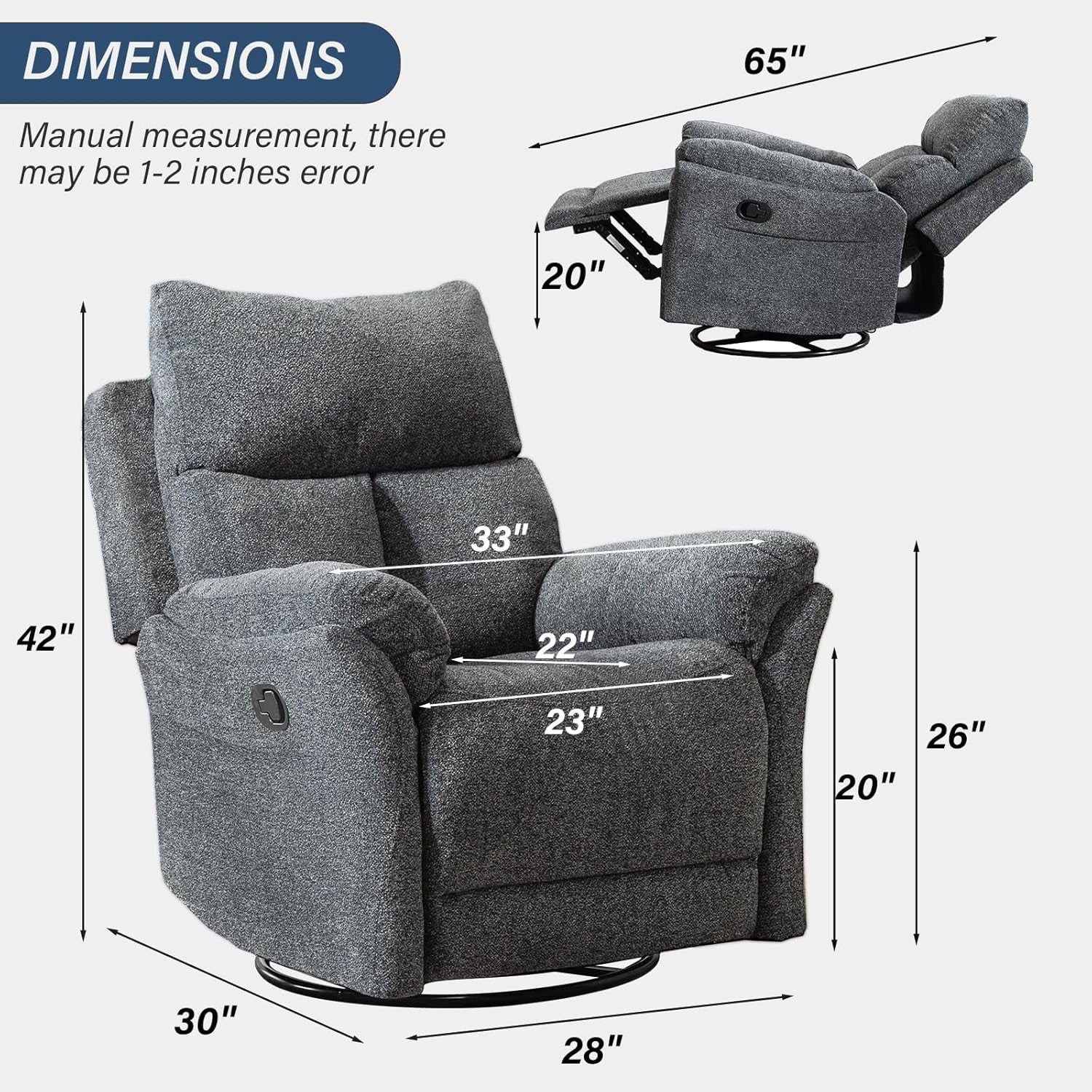 Swivel Rocker Recliner Chair Nursery, Manual Fabric Small Rocking