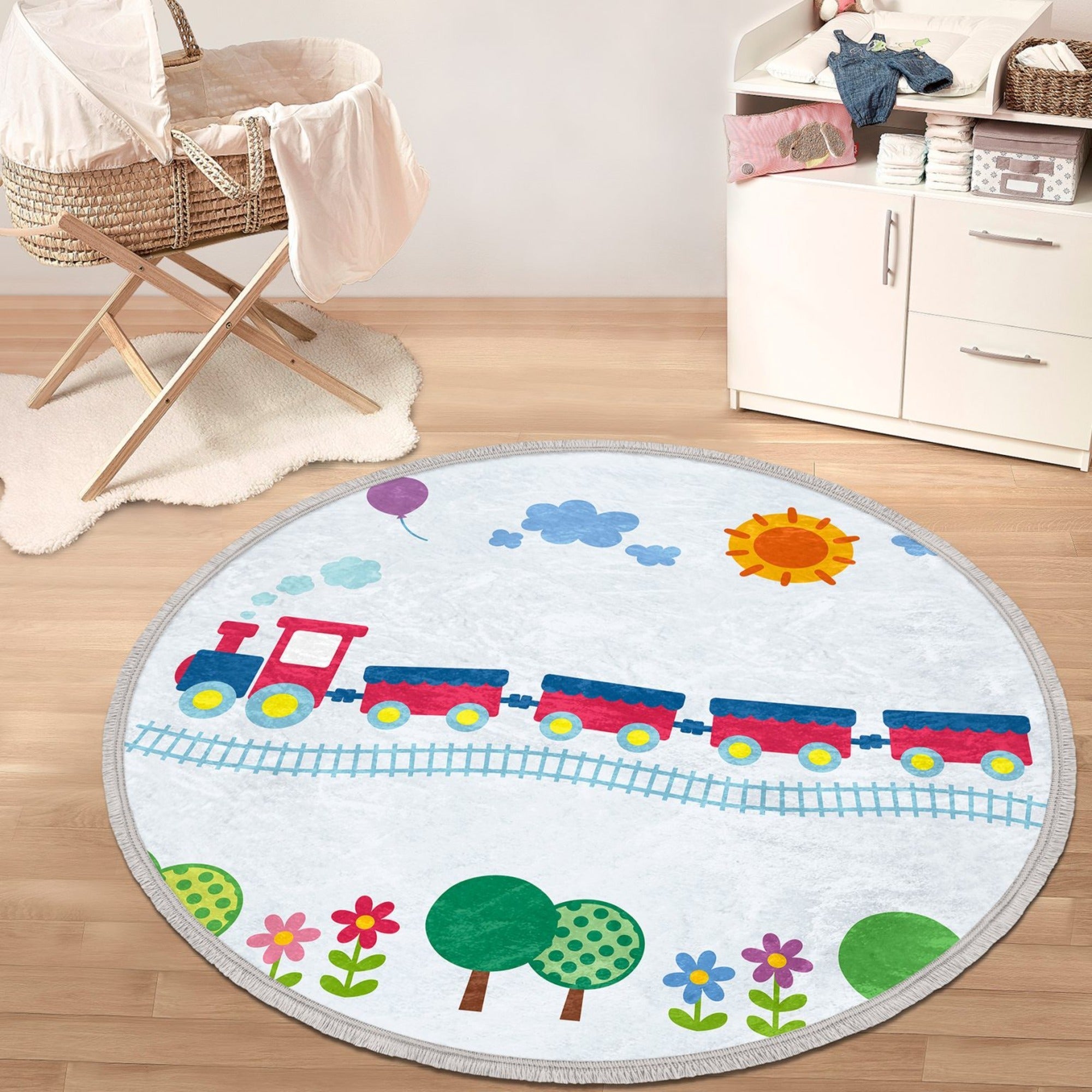 Train Round Rug Nursery Rug, Kids Room Decorative Area Rug, Circle