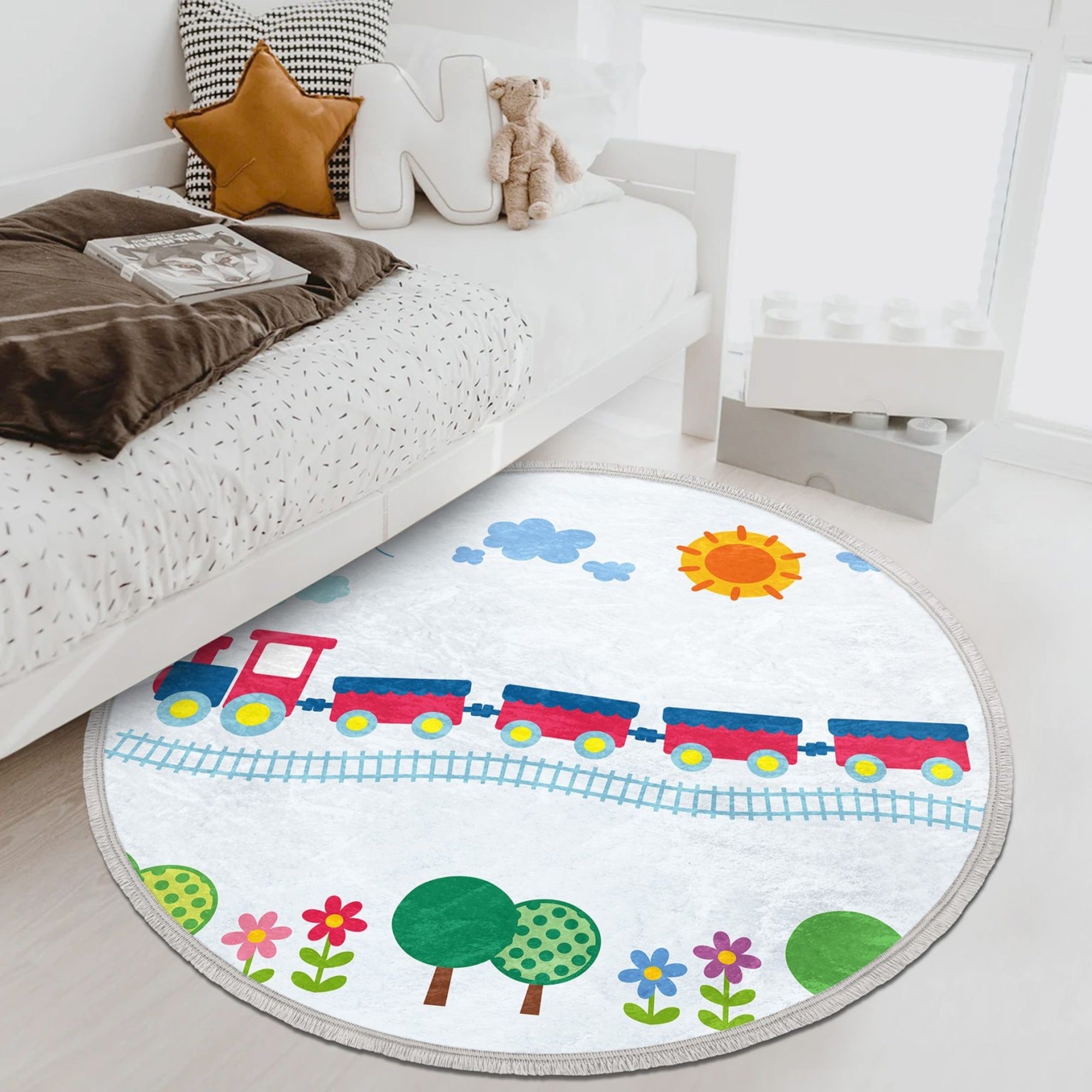 Train Round Rug Nursery Rug, Kids Room Decorative Area Rug, Circle