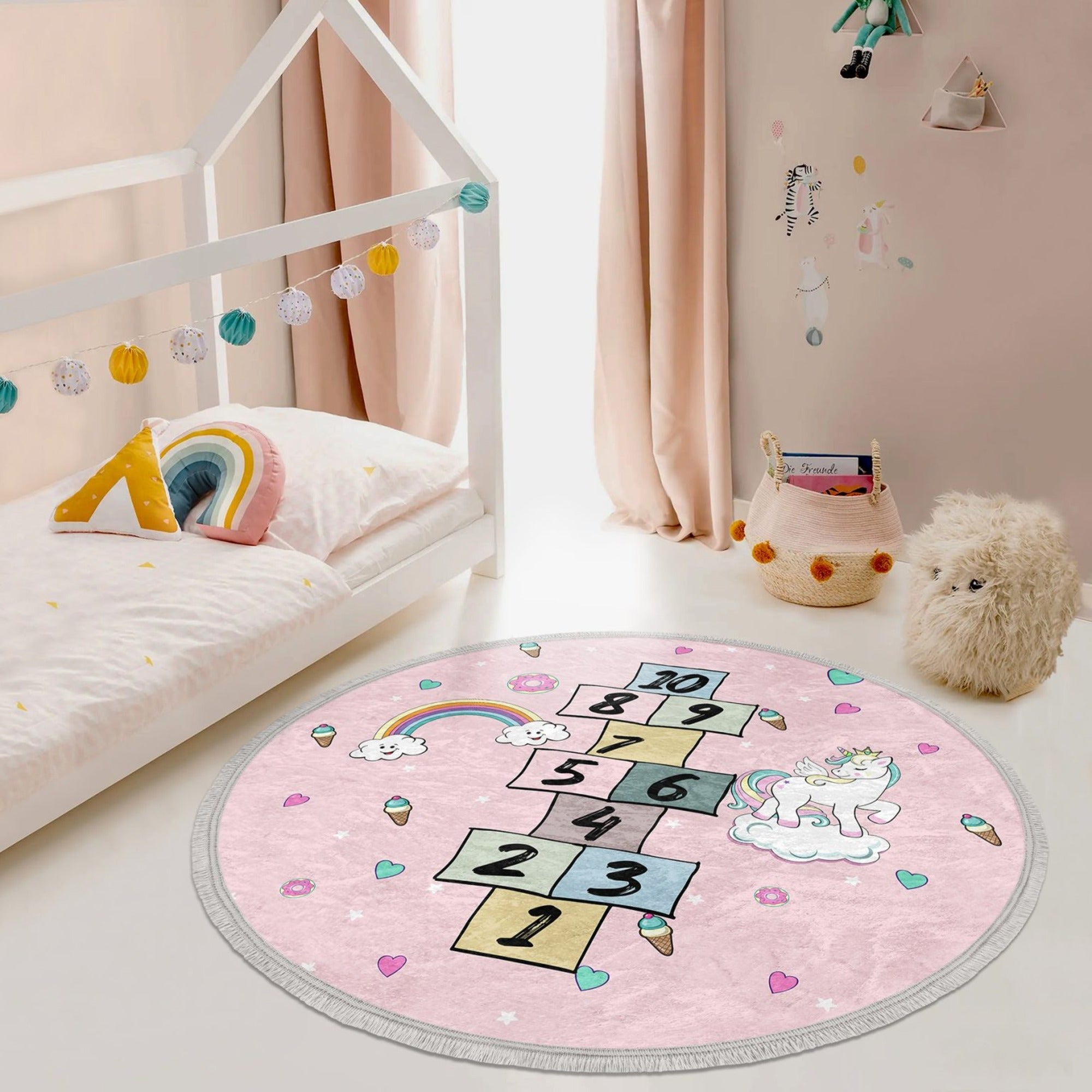 Pink Girls Room Area Rug With Unicorn, Numbers Printed Pink Nursery