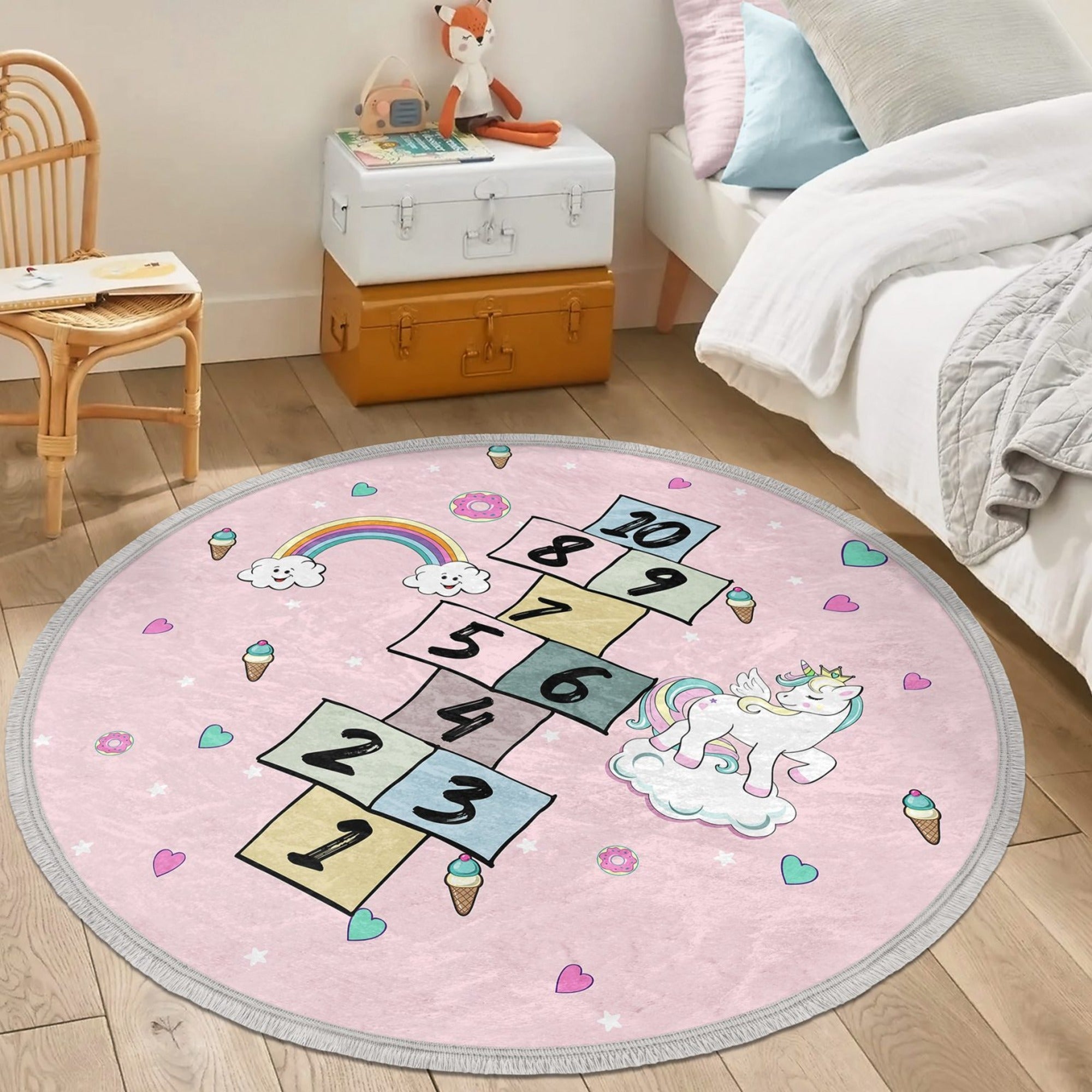 Pink Girls Room Area Rug With Unicorn, Numbers Printed Pink Nursery