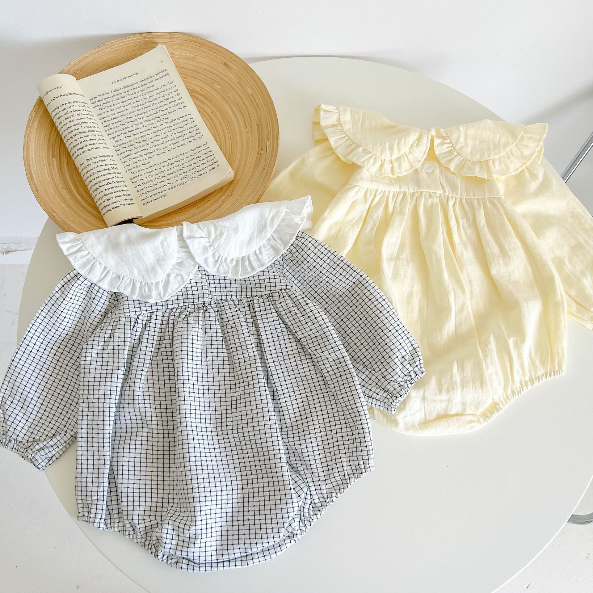 Baby Girl Plaid Graphic Floral Embroidered Doll Neck Cotton Bodysuit