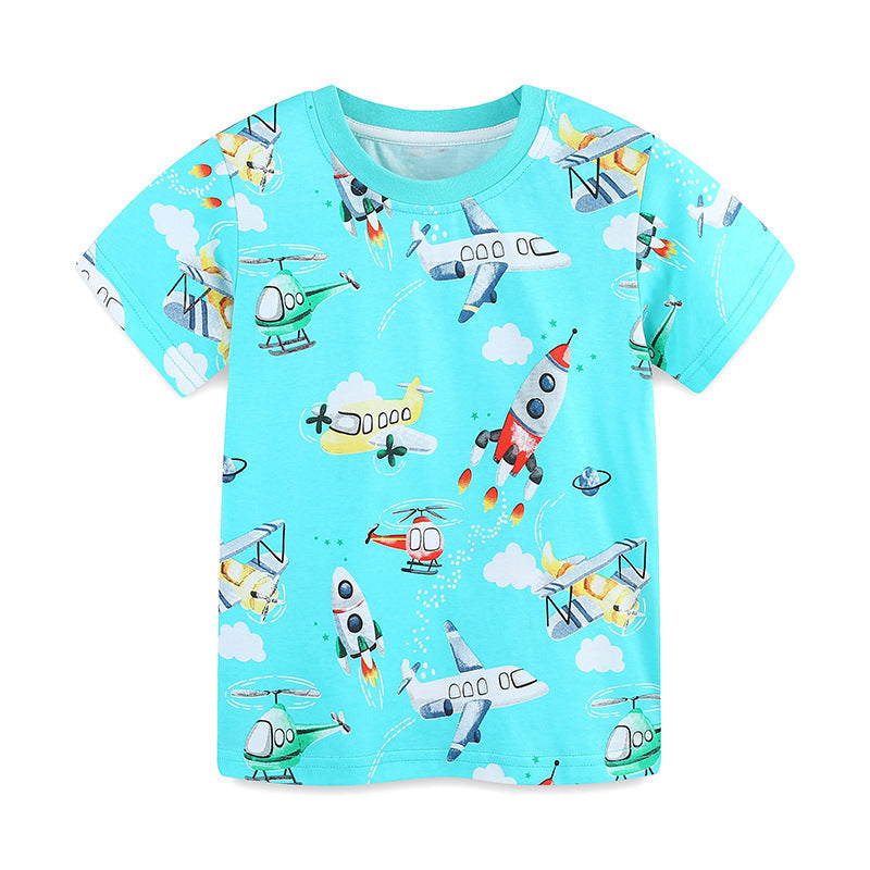 Summer Boys’ Rockets and Plane Cartoon Pattern T-shirt in European and