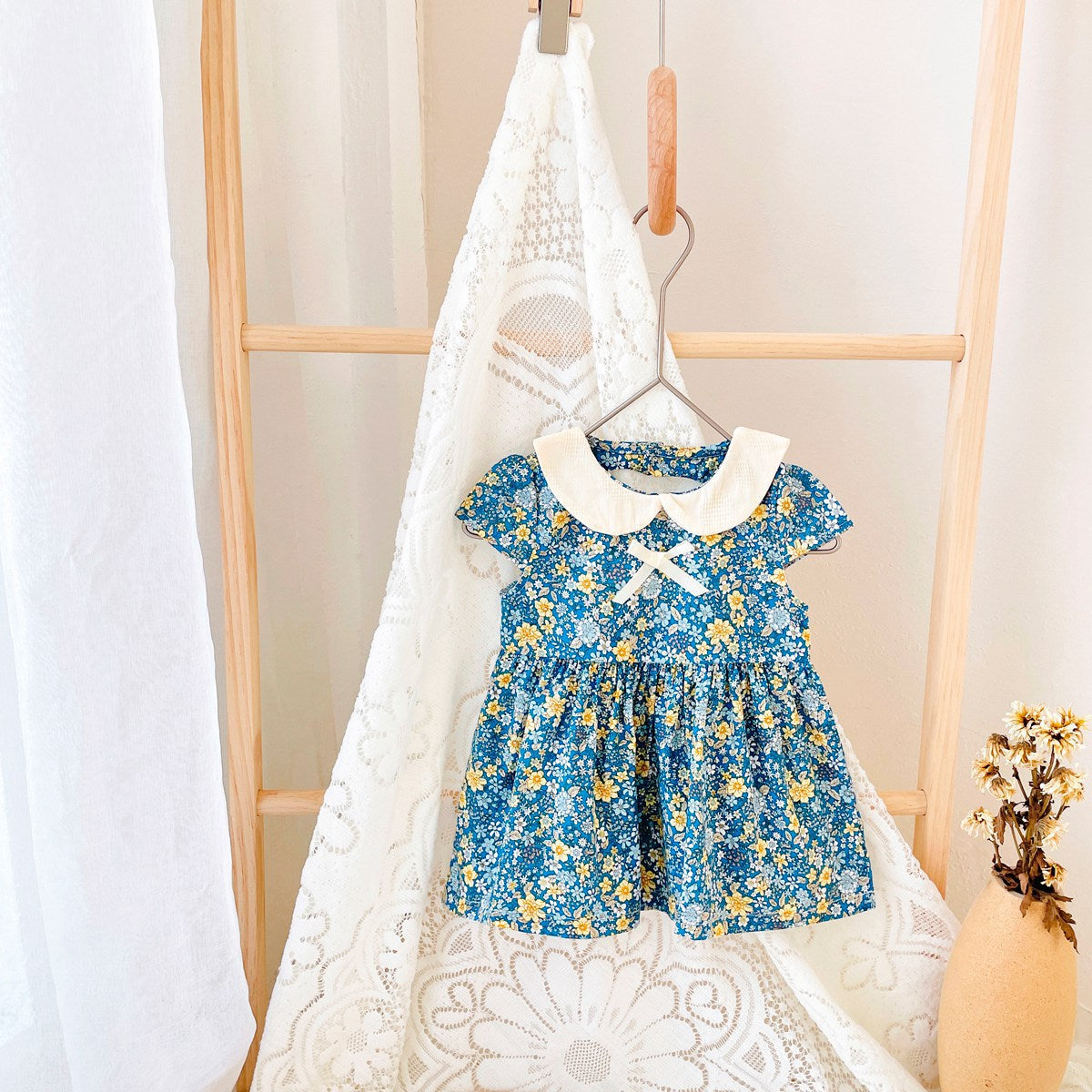 Baby Girls Floral Print Backless Design Doll-Neck Dress With Bow