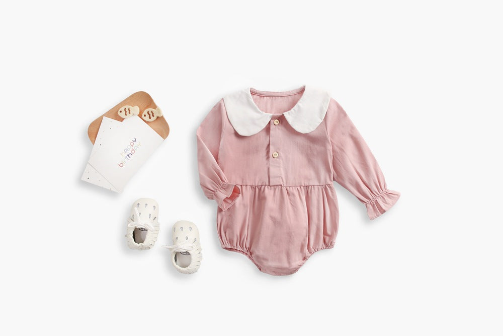Baby Girl Doll Collar Design Solid Color Long Sleeve Onesies With
