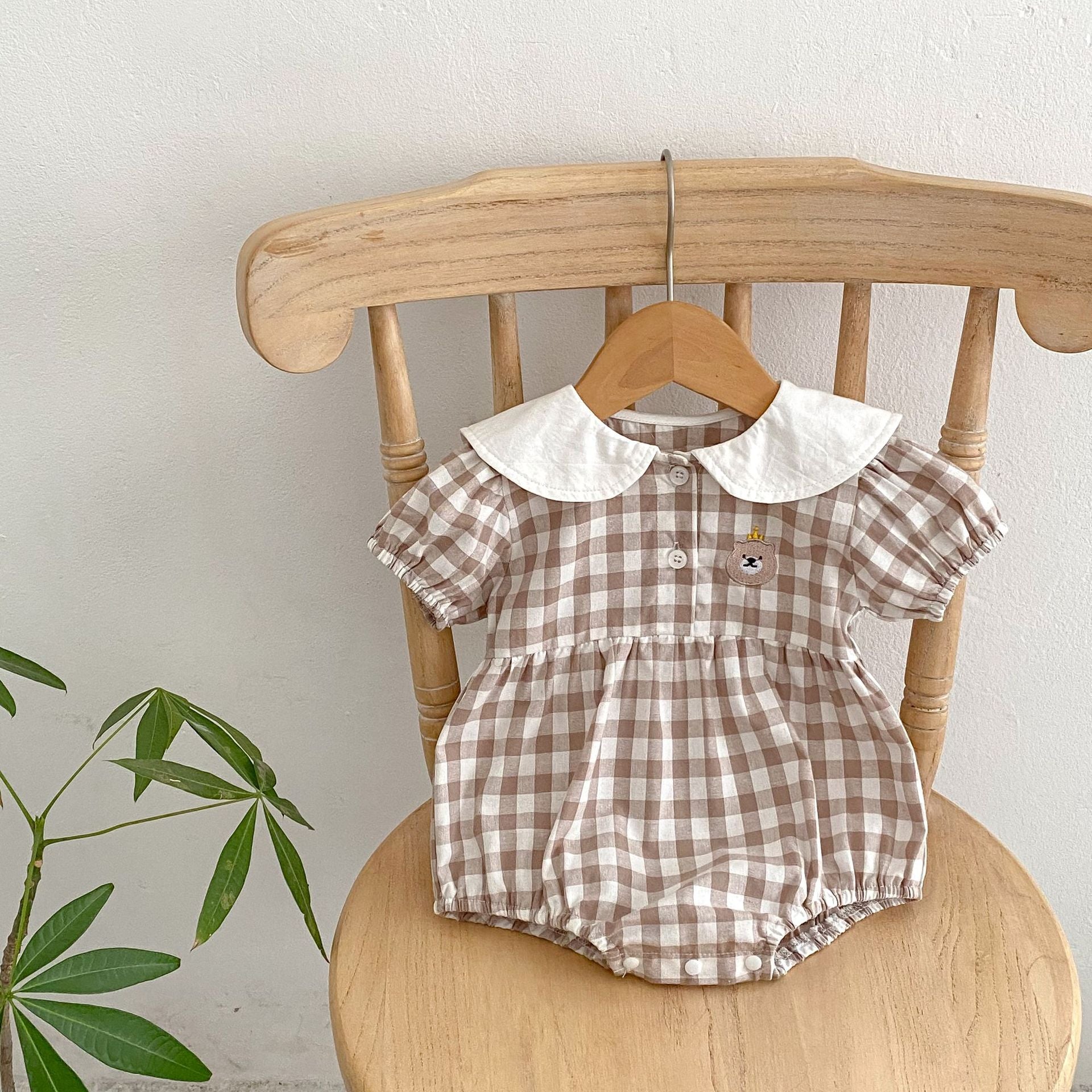 Baby Plaid Graphic Bear Patched Design Doll Neck Onesies