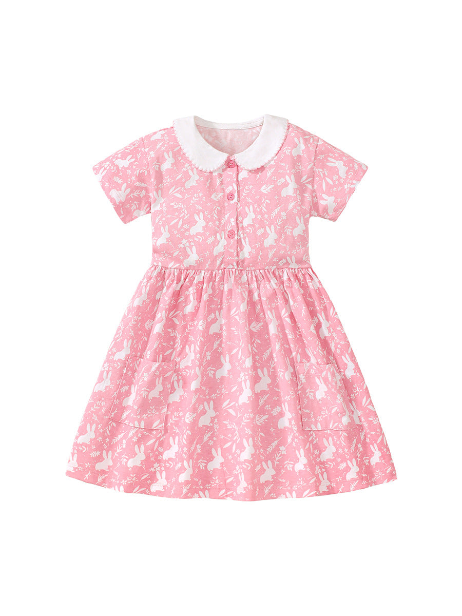 Baby Kids Girls Pink Short Sleeves Dress With Rabbits And Flowers