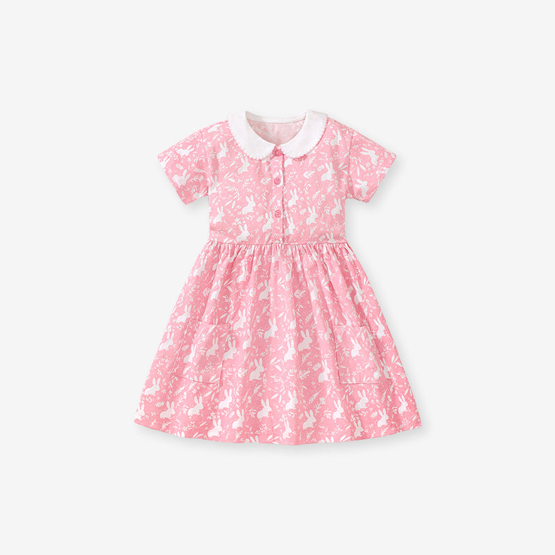 Baby Kids Girls Pink Short Sleeves Dress With Rabbits And Flowers